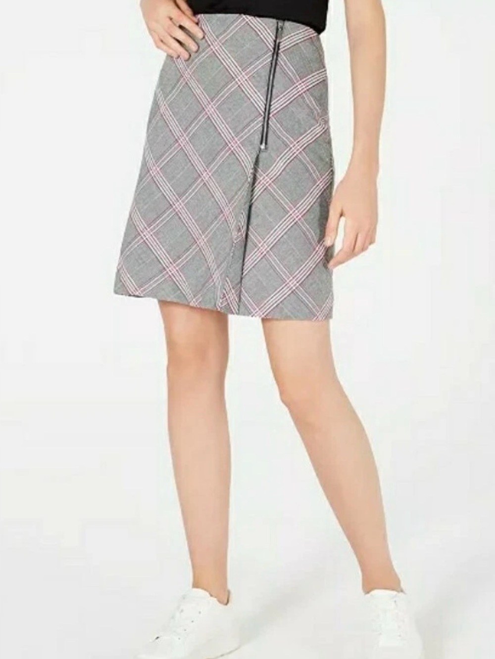 Bar III Black/Red/White Diagonal Print A-Line Side Zip Skirt Women sz 10 NWT